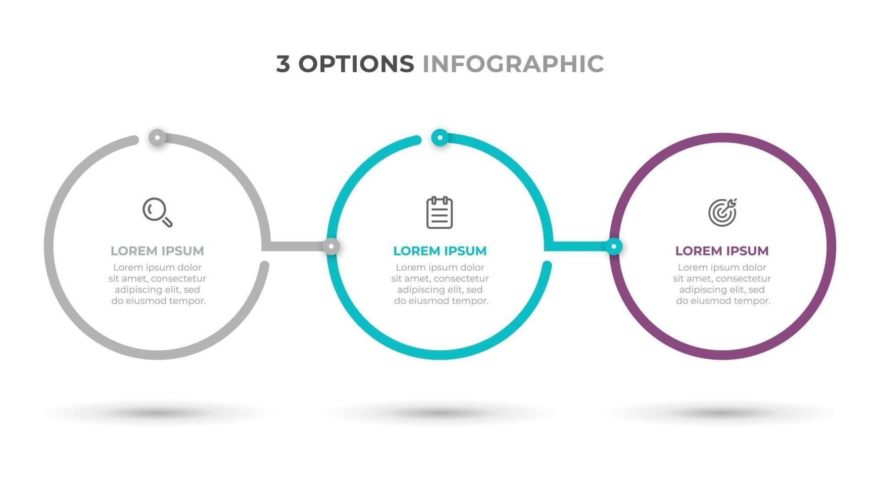 Business infographic modern template design with circles and icons. Timeline processes with 3 options or steps. Vector illustration.