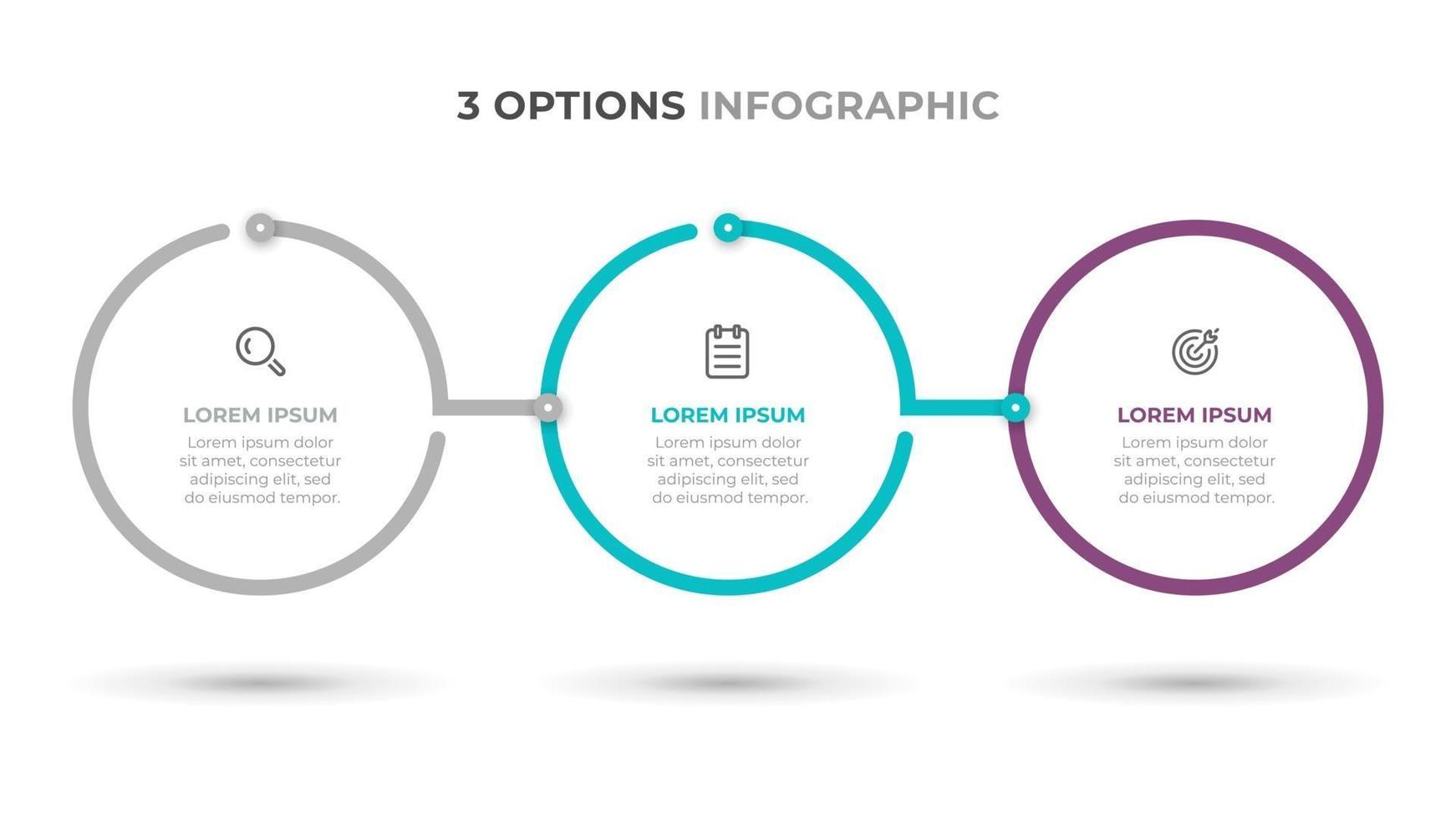 diseño de plantilla moderna de infografía empresarial con círculos e iconos. Procesos de línea de tiempo con 3 opciones o pasos. ilustración vectorial. vector