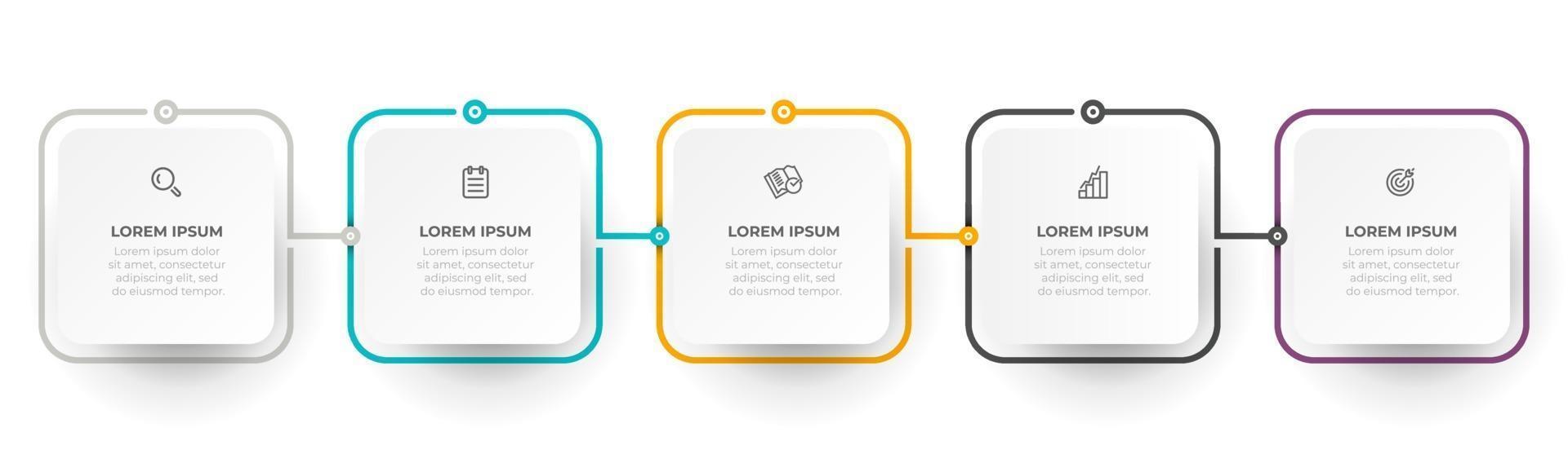 Vector info graphic label design with icons and squar modern objects. Business concept with 5 options or steps. Can be used for annual report, info chart, wen design.