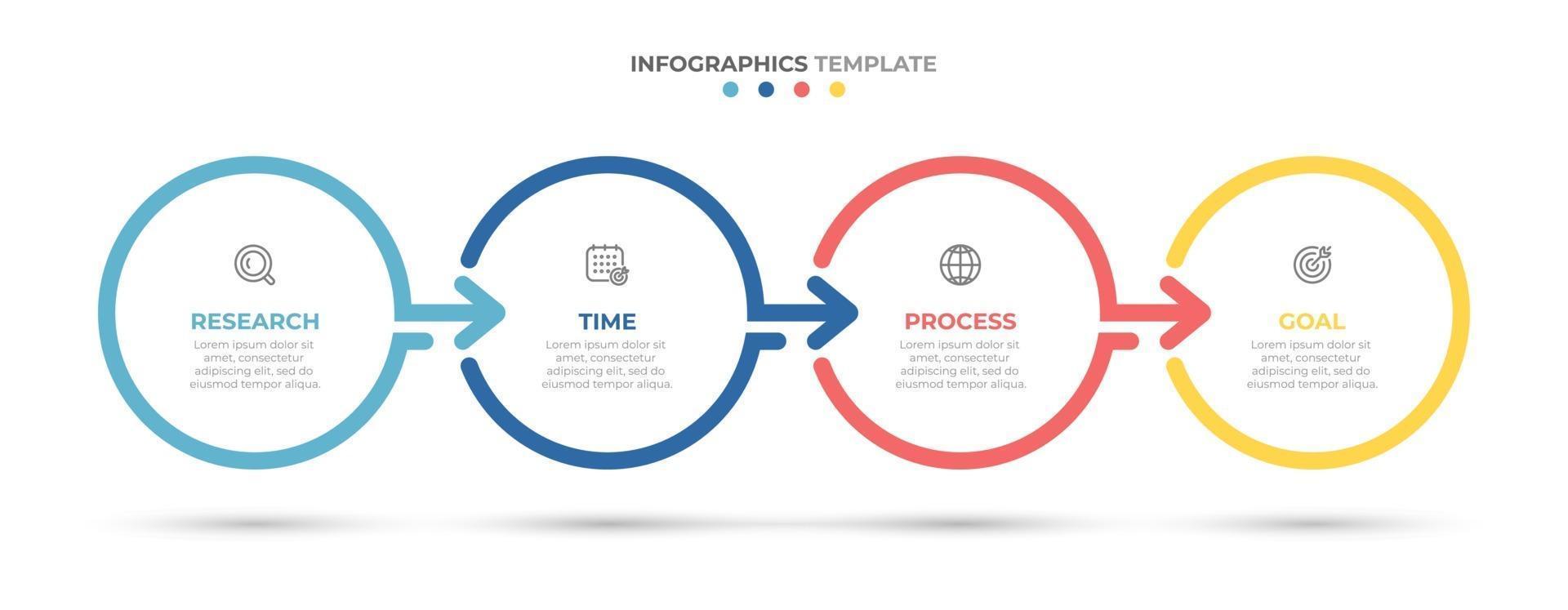 Diseño de plantillas de infografías de línea de tiempo con flechas y círculos. concepto de negocio con 4 opciones, pasos, piezas. vector