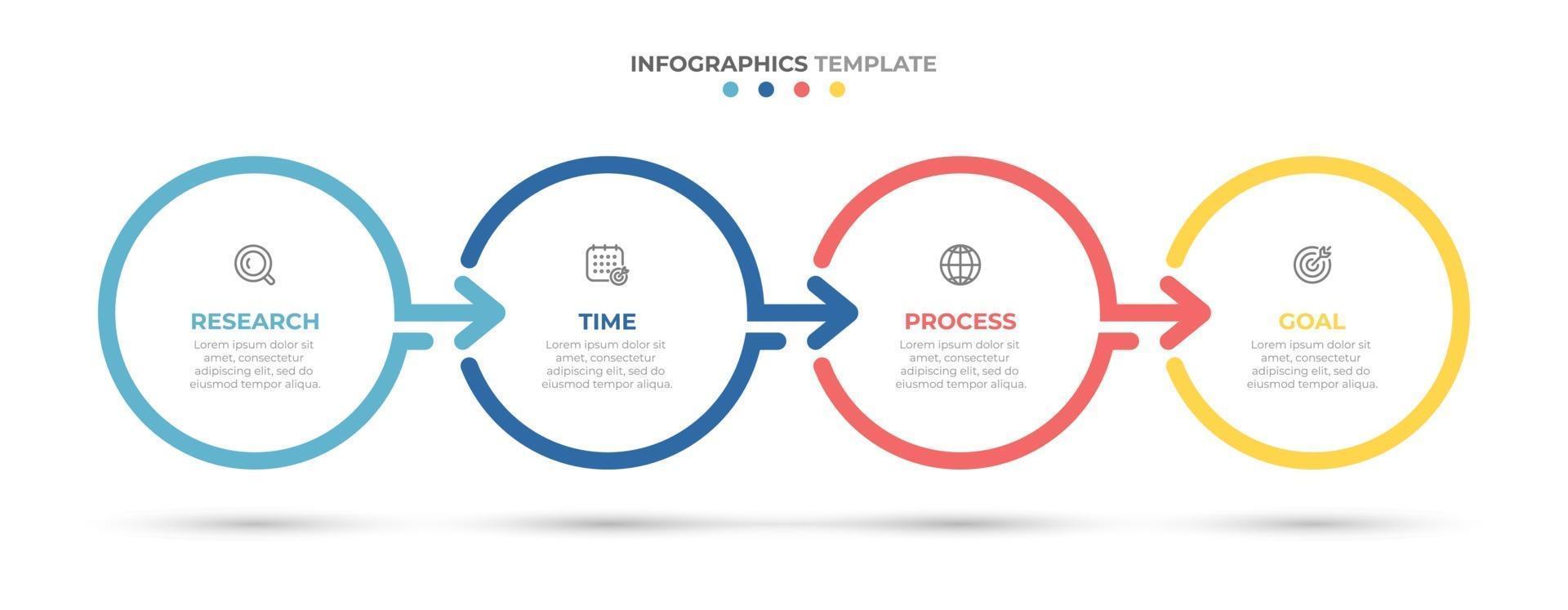 Timeline infographics template design with arrows and circles. Business concept with 4 options, steps, parts. vector