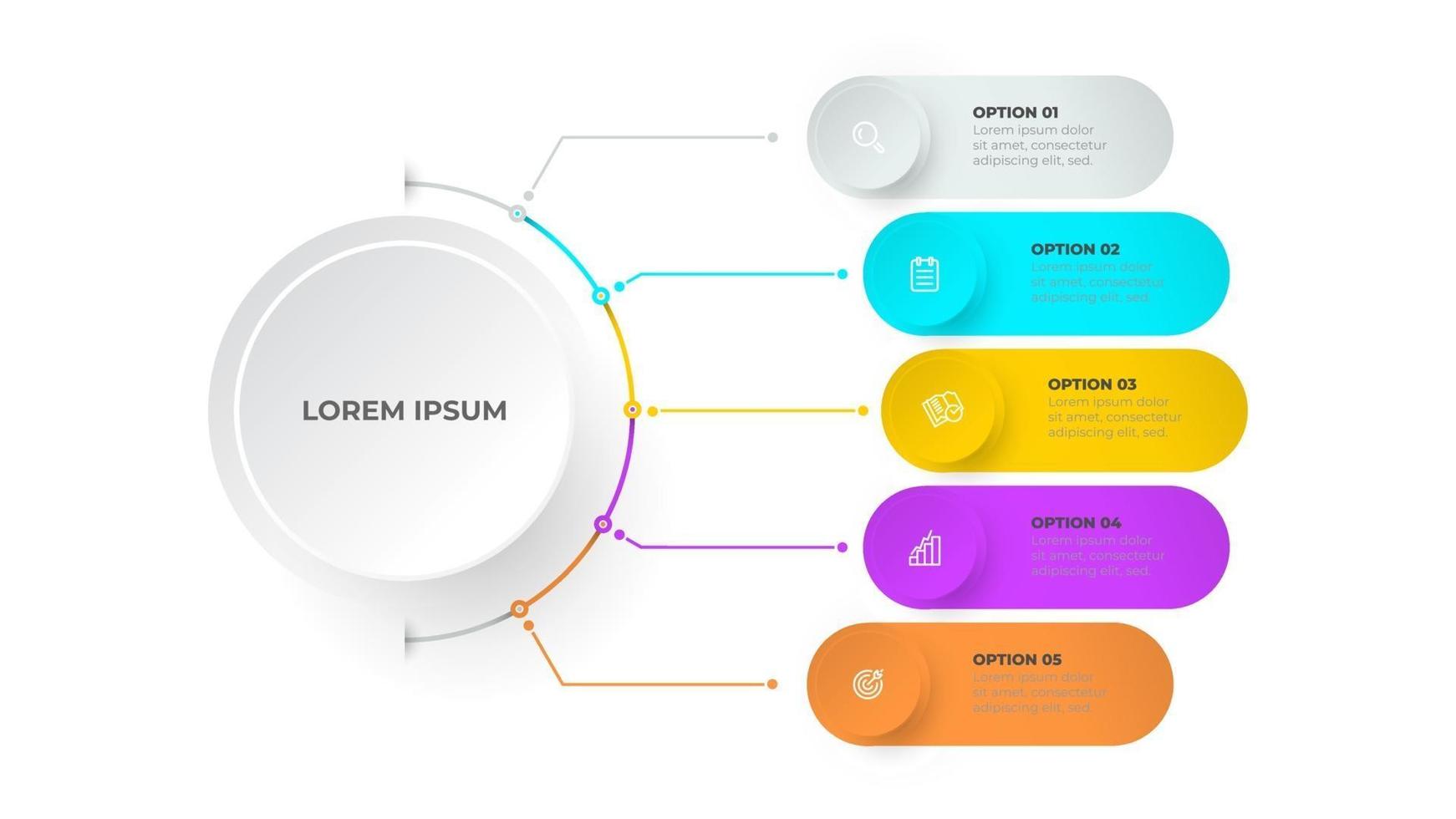 plantilla de infografías de línea de tiempo. Diseño de concepto de negocio con círculos y 5 opciones, pasos o procesos. vector