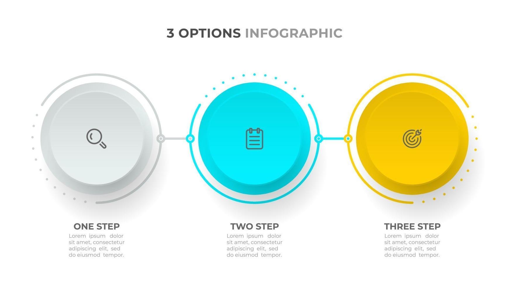 Plantilla de infografía de tres pasos. diseño de concepto de negocio con iconos y círculo. vector