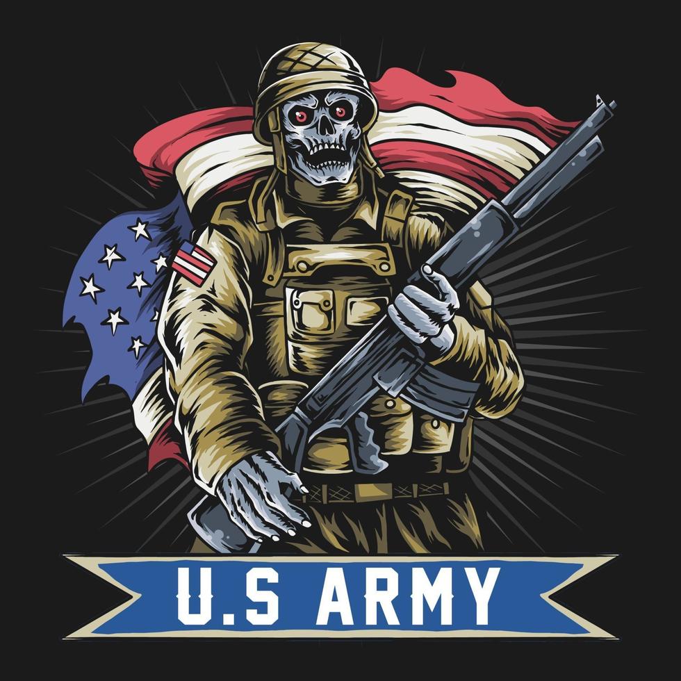 American soldier with skull face holding machine gun and USA flag vector