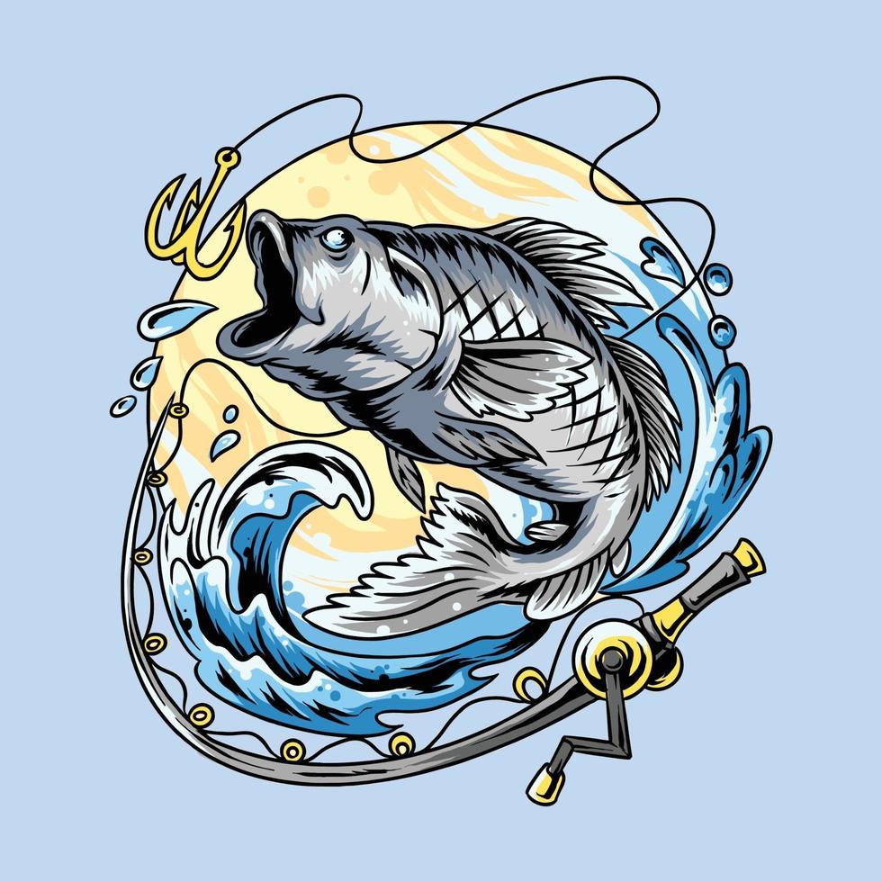 fishing pole and great salmon and great sea bass vector