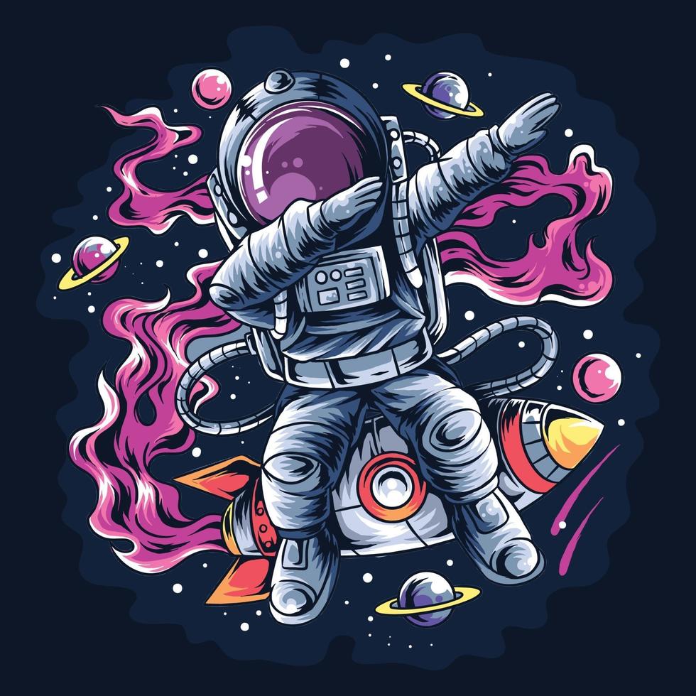 astronaut dabbing style on a space rocket with the stars and planets vector