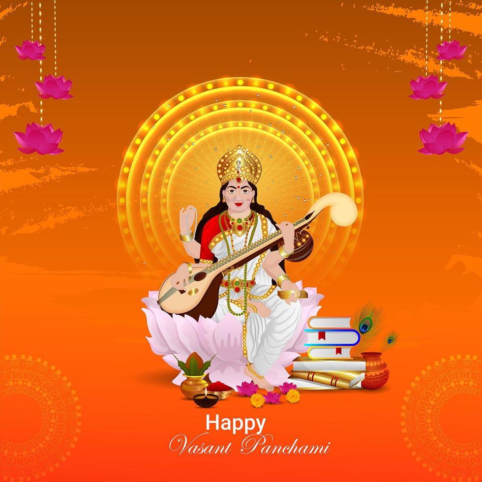 Happy vasant panchami greeting card design with creative illustration of goddess saraswati vector