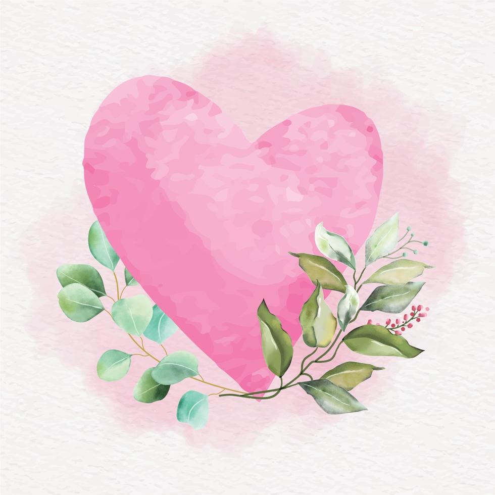 corazón rosa acuarela con hojas y flores vector