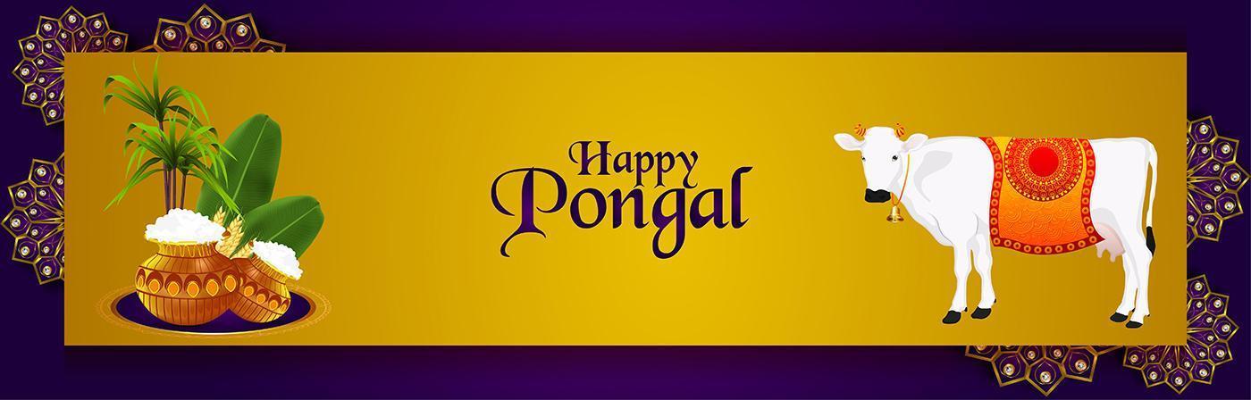 Happy pongal banner with creative mud pot and sugarcane vector