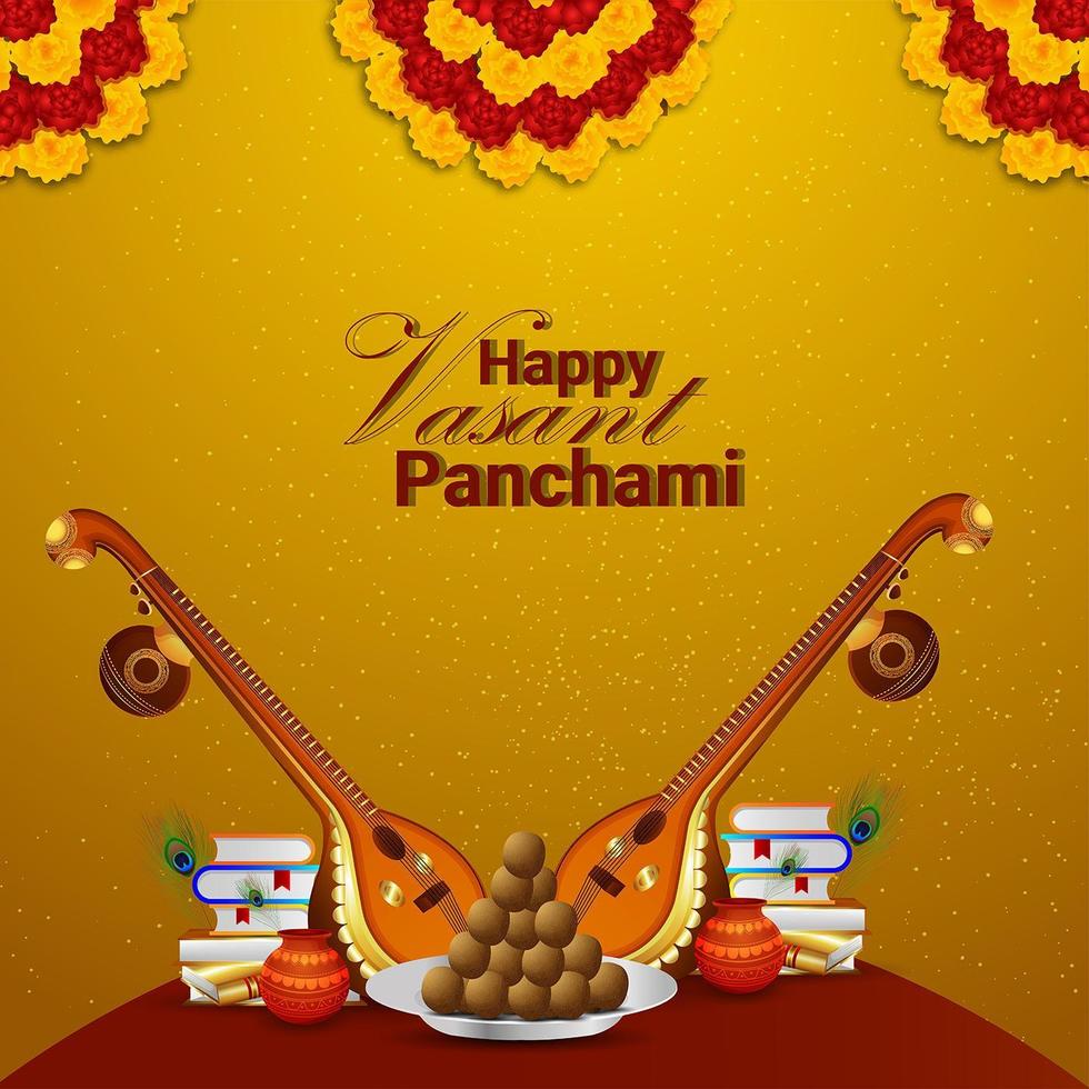 Creative veena and books for happy vasant panchami celebration background vector
