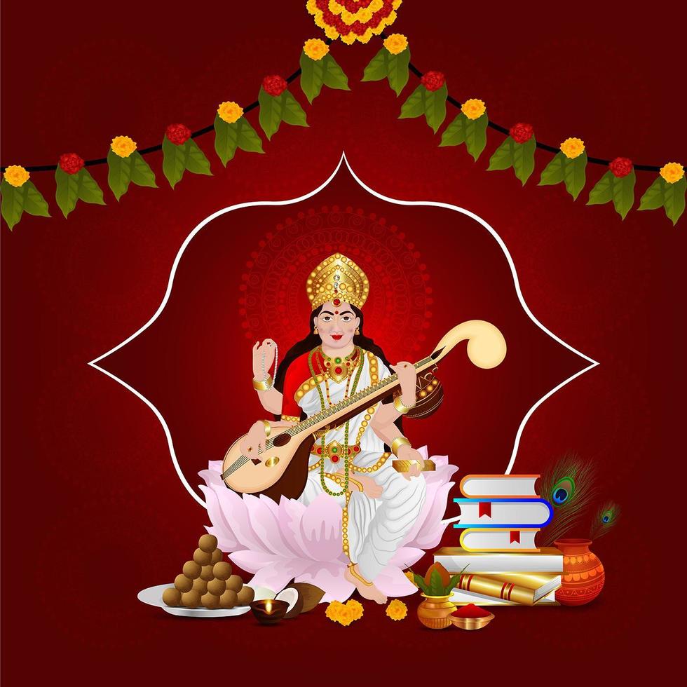 Happy vasant panchami greeting card design with creative illustration of goddess saraswati vector