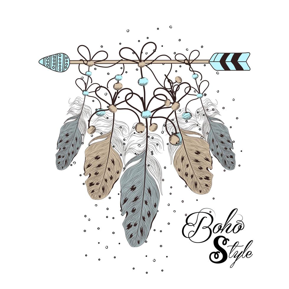 dibujado a mano estilo boho de flecha decorativa con plumas vector