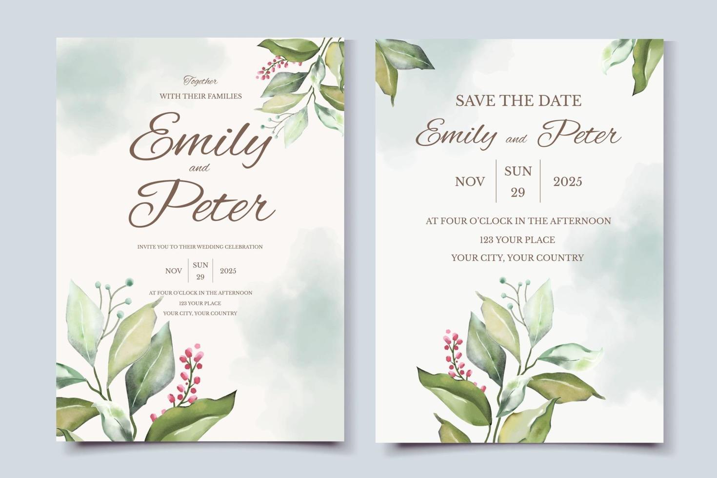 plantilla de tarjeta de invitación de boda con hermosas hojas vector