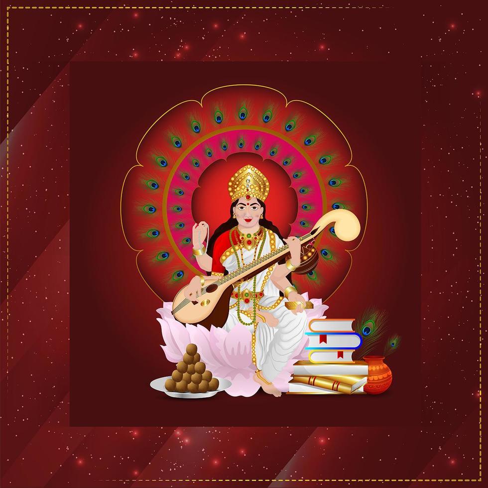 diseño de tarjeta de felicitación feliz vasant panchami con ilustración creativa de la diosa saraswati vector