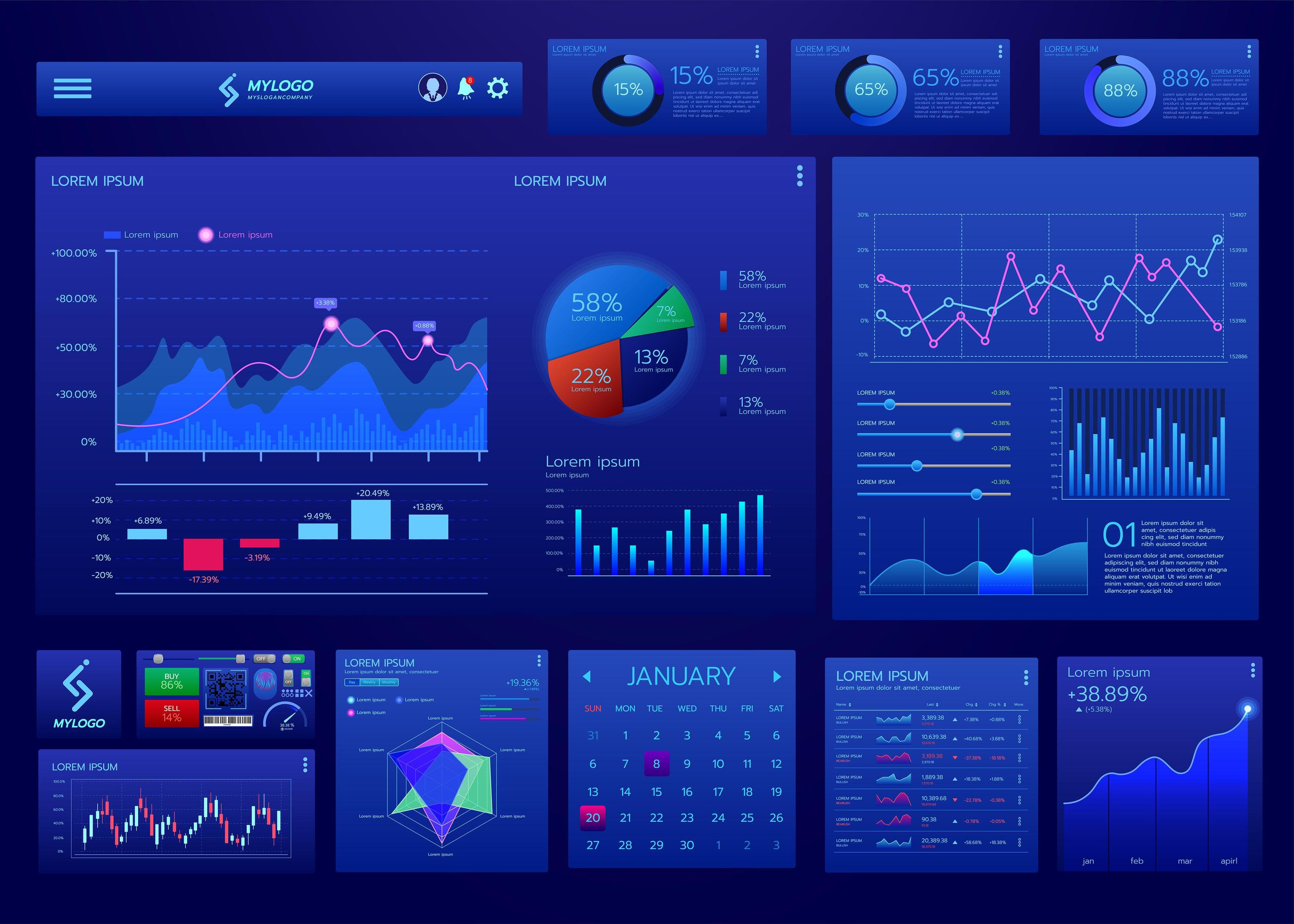 UI UX Digital blue dashboard infographic vector template 1937180 Vector ...