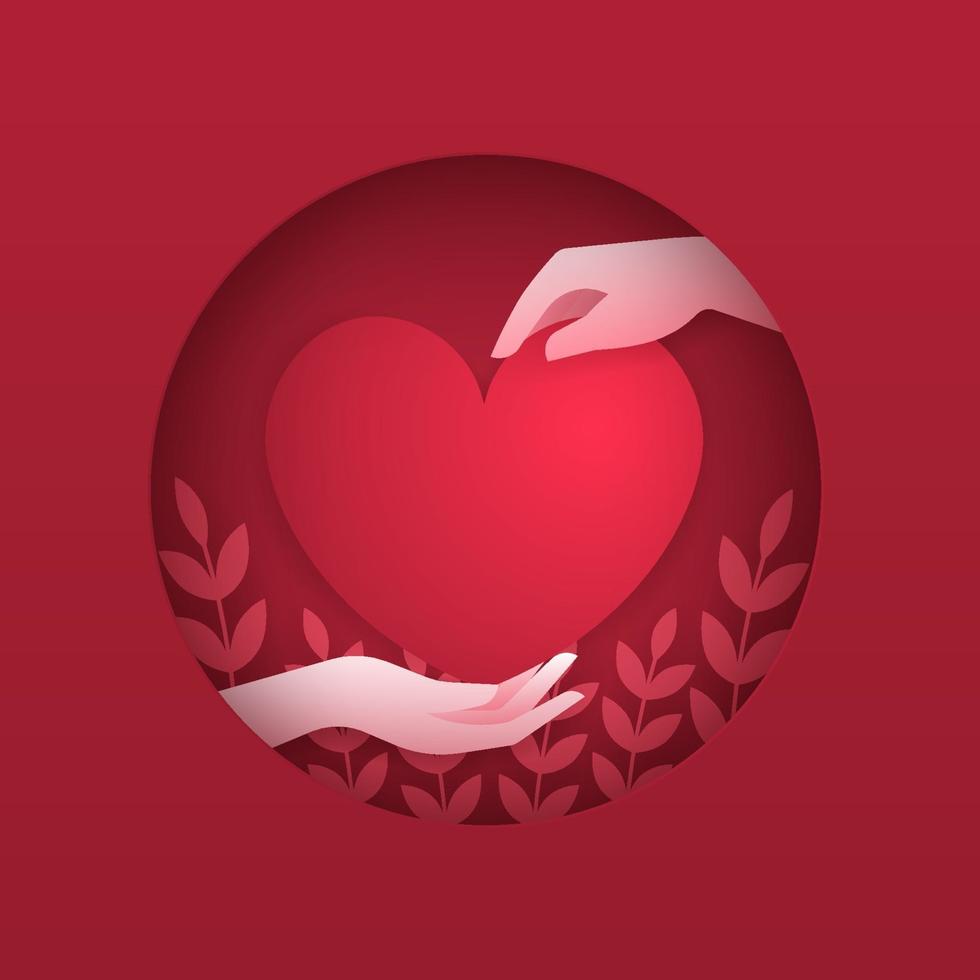 concepto de amor. dos manos creativas con el corazón rojo sobre fondo rojo, estilo de corte de papel. vector