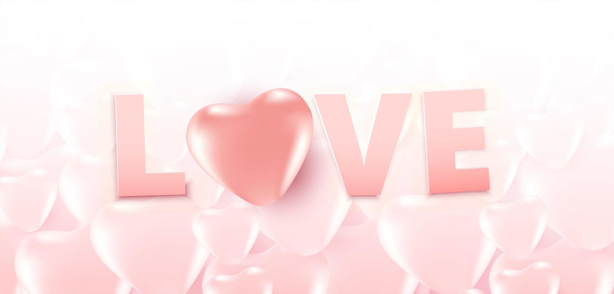 Cartel de venta de San Valentín o pancarta con muchos corazones dulces y texto de amor sobre fondo de patrón de corazones de color rosa suave. promoción y plantilla de compras para el amor y el día de san valentín. vector
