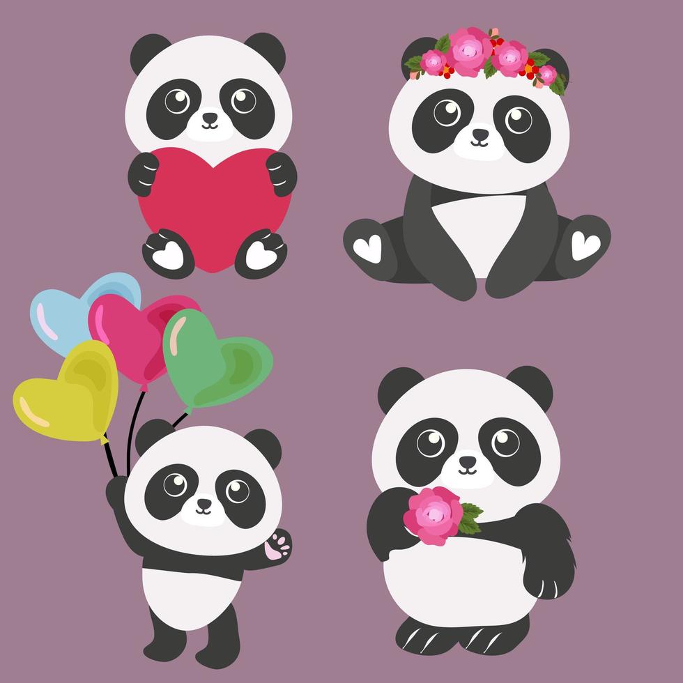 conjunto de dibujos animados lindo panda de san valentín vector