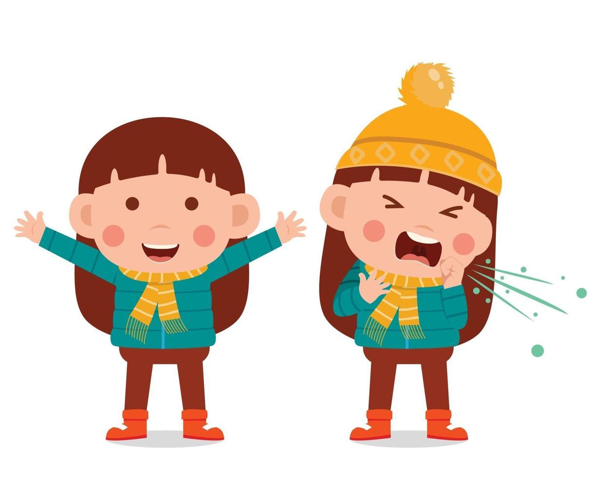 Little kid wears jacket in winter season. Child smiling and feeling sick vector