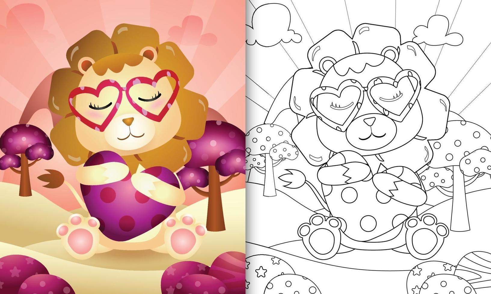 coloring book for kids with a cute lion hugging heart for valentine's day vector