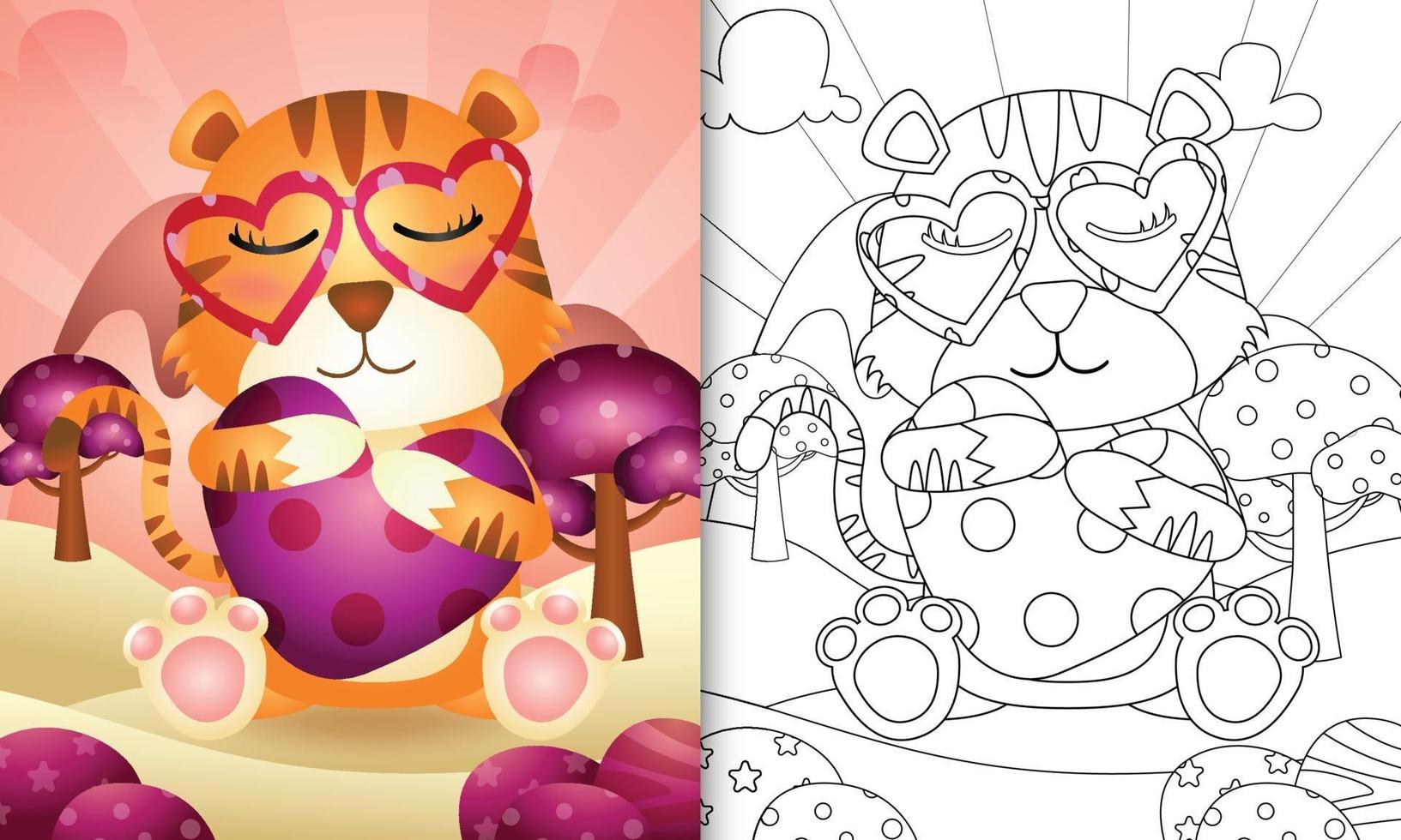 libro para colorear para niños con un lindo corazón abrazando tigre para el día de san valentín vector