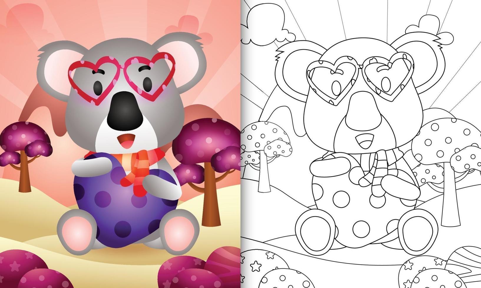 libro para colorear para niños con un lindo koala abrazando corazón para el día de san valentín vector