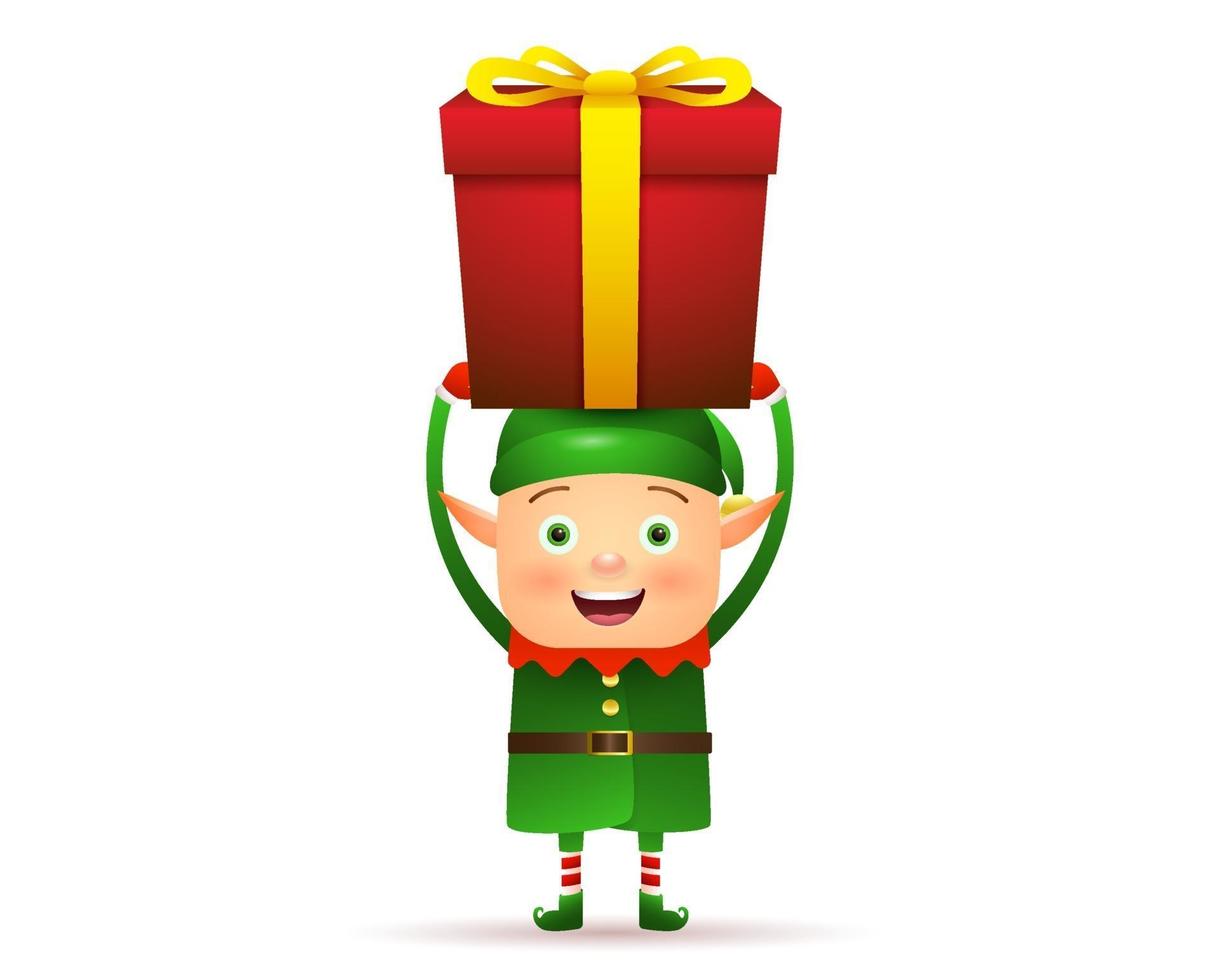 Christmas and Happy New Year. Elf holds gift box vector