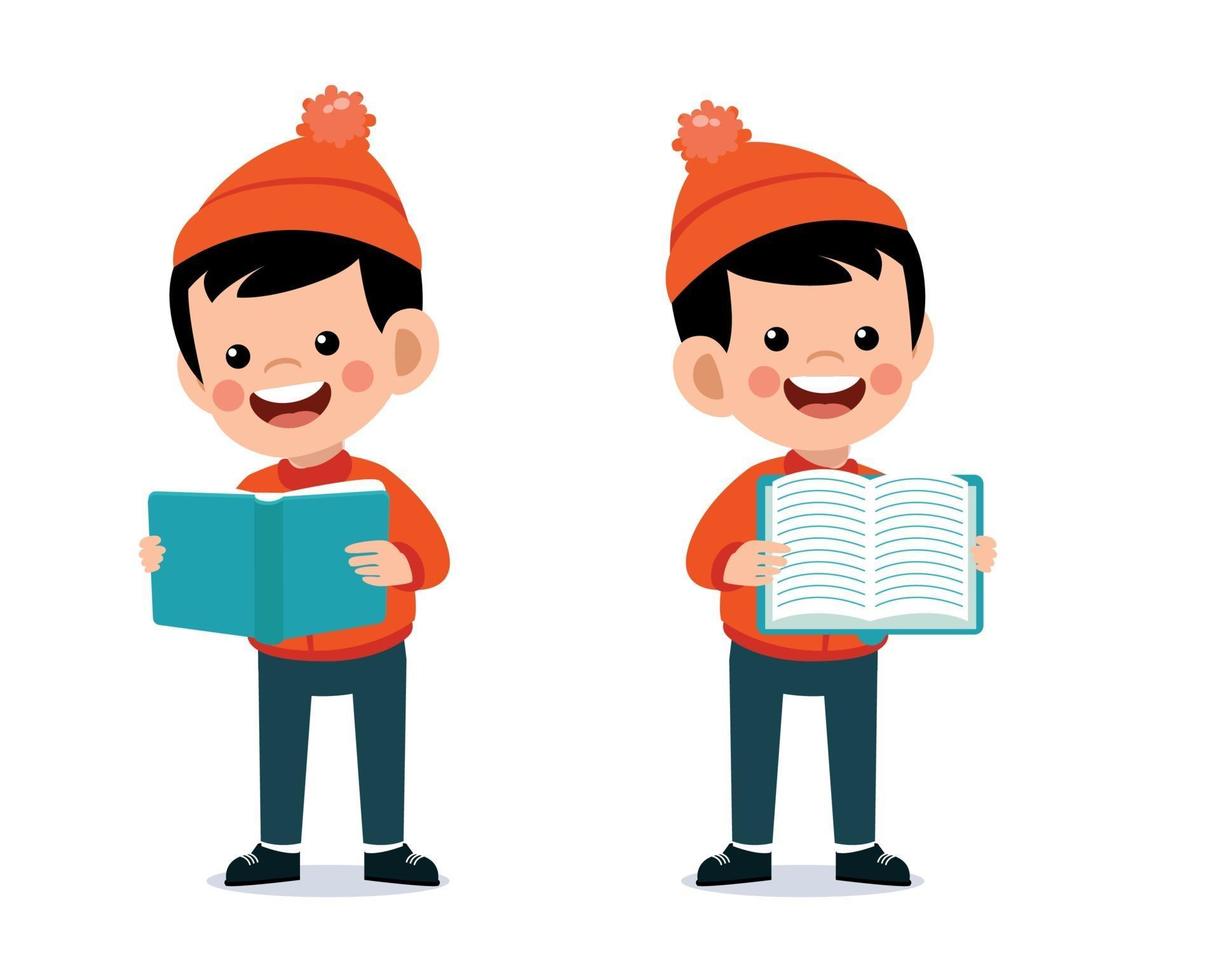 Happy cute little kid reading book wearing warm clothes. Kid jacket in winter season vector