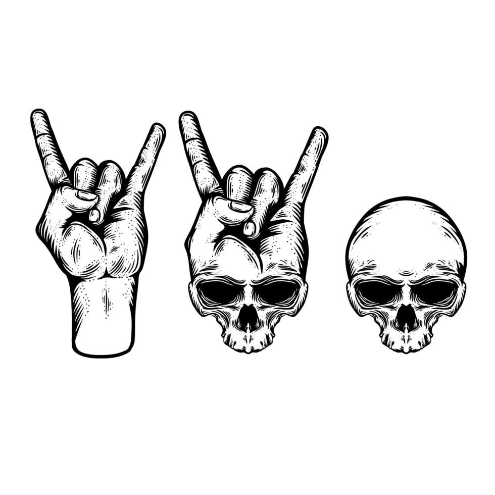 Conjunto de ilustración de vector de cráneo de rock n roll