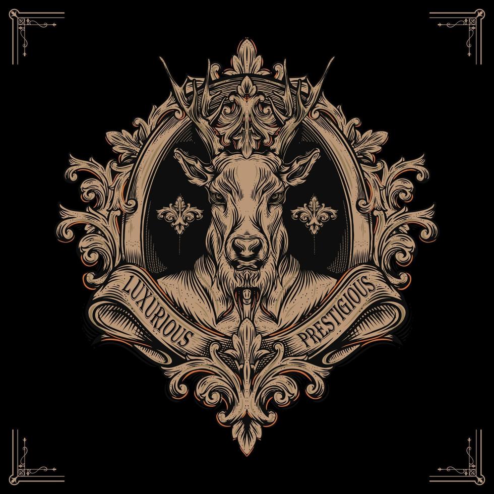 luxurious and prestigious, illustration of reindeer in shirt against the background of heritage frame with ornament vector