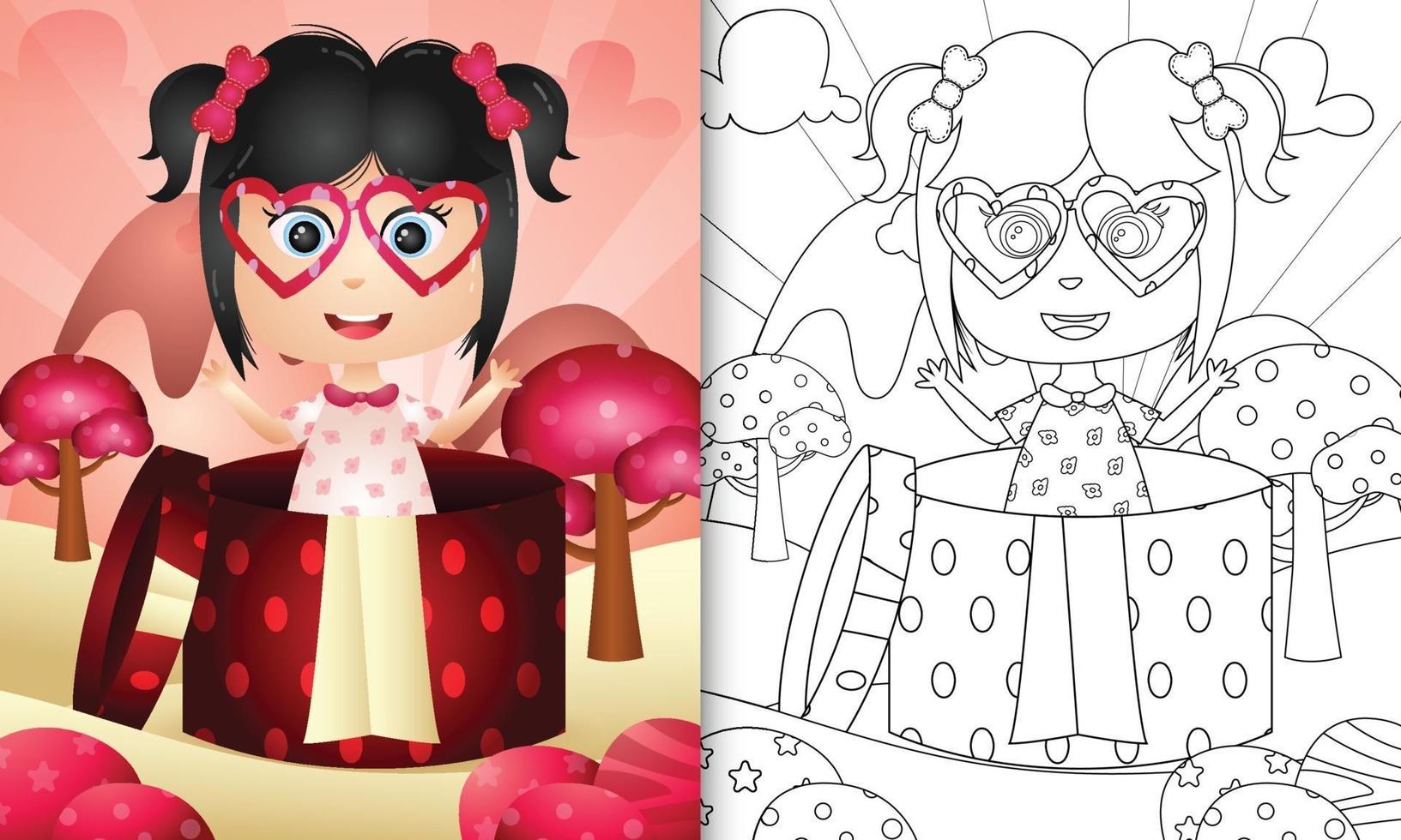 coloring book for kids with a cute girl in the gift box for valentine's day vector
