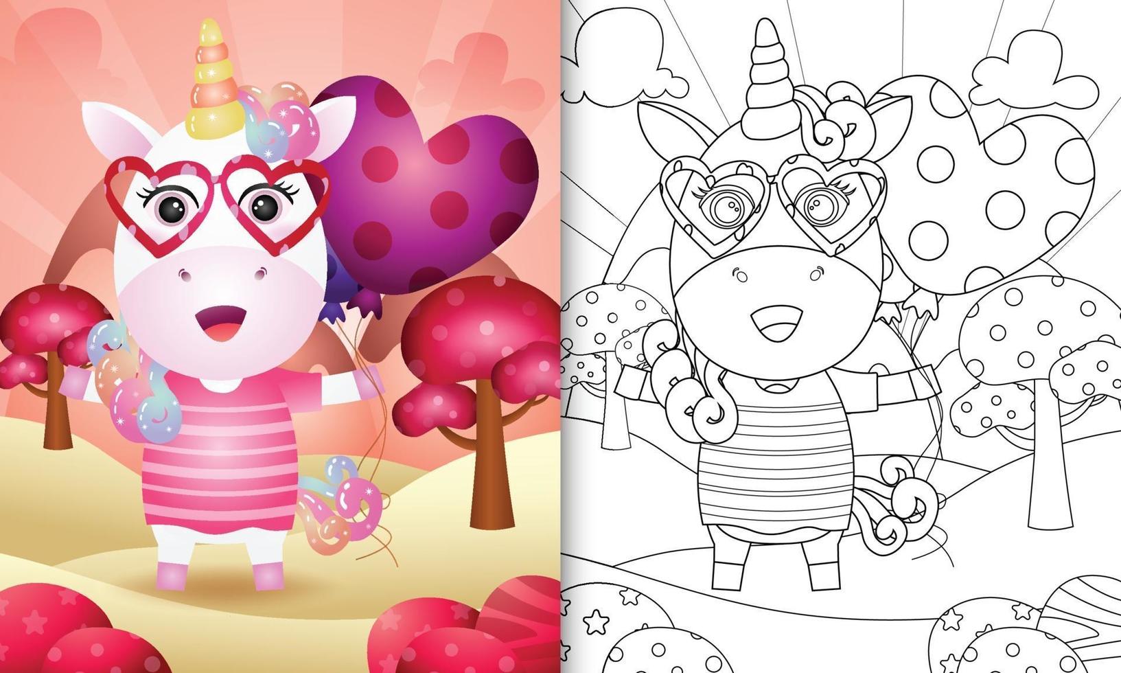 libro para colorear para niños con un lindo unicornio sosteniendo un globo para el día de san valentín vector