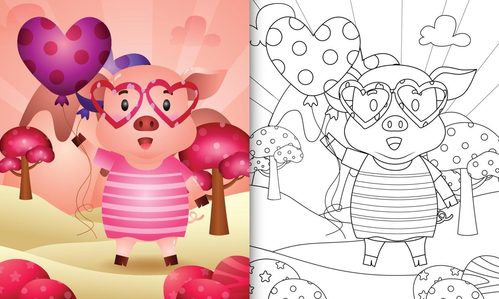 coloring book for kids with a cute pig holding balloon for valentine's day vector