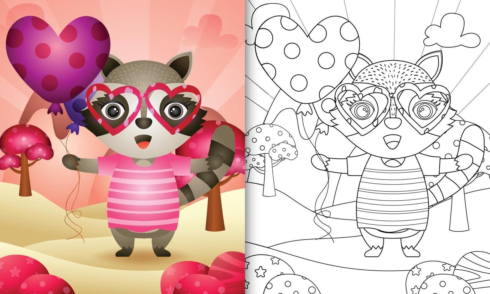 libro para colorear para niños con un lindo mapache sosteniendo un globo para el día de san valentín vector