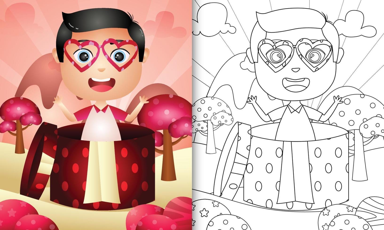coloring book for kids with a cute boy in the gift box for valentine's day vector