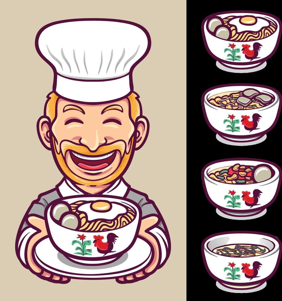 noodles food chef character and bowl set illustration vector