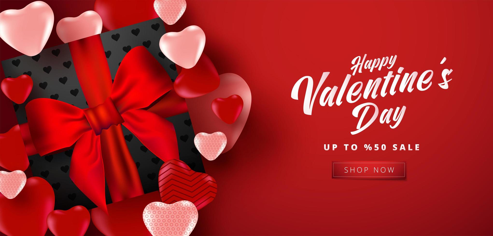 Valentine's day sale poster or banner with many sweet hearts and black color gift box on red color background. Promotion and shopping template or for love and valentine's day. vector