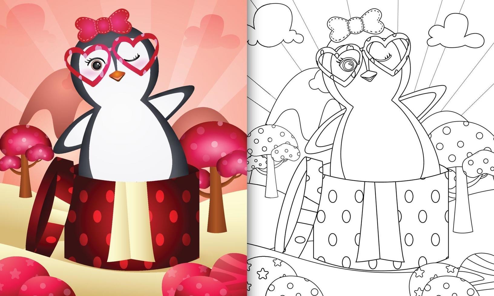 libro para colorear para niños con un lindo pingüino en la caja de regalo para el día de san valentín vector