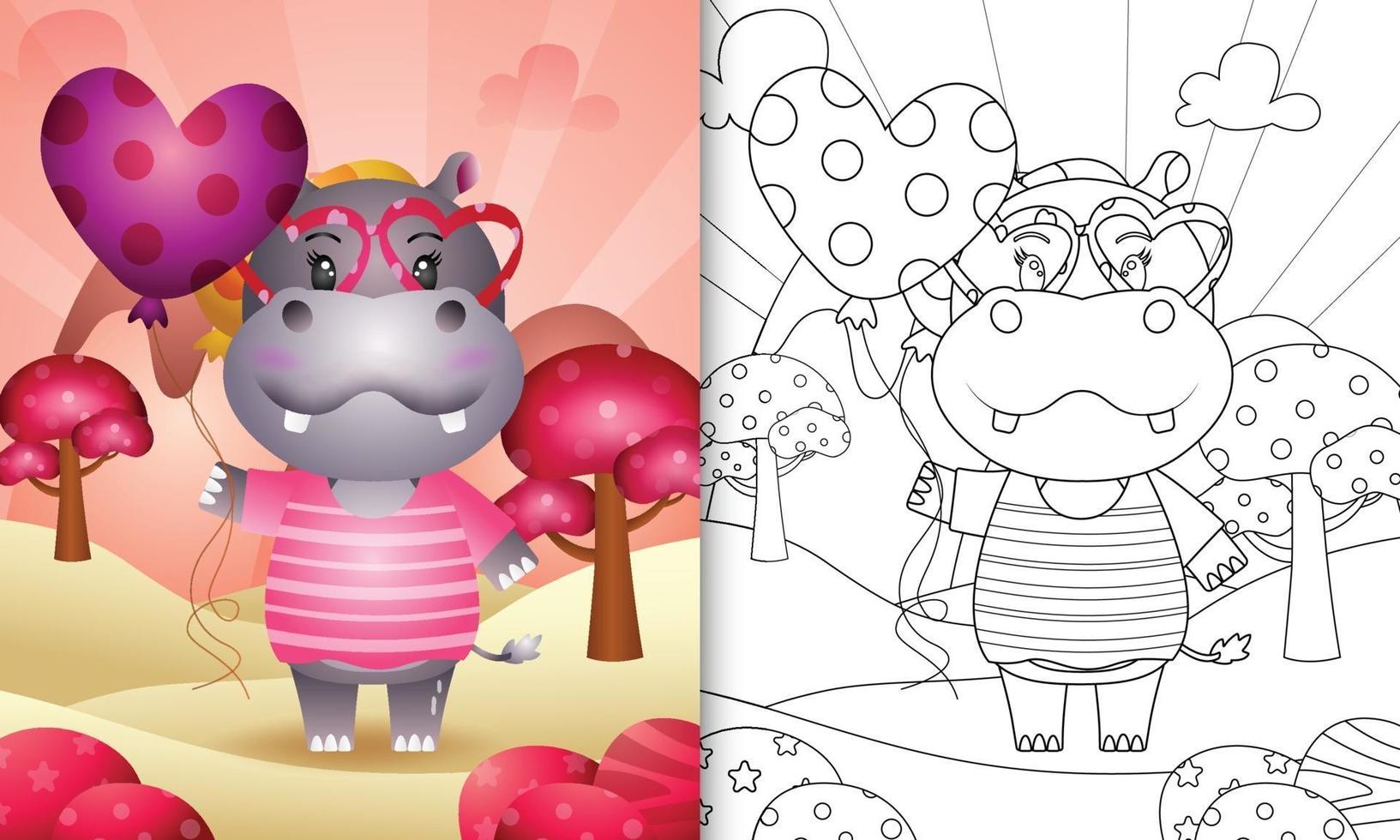 coloring book for kids with a cute hippo holding balloon for valentine's day vector