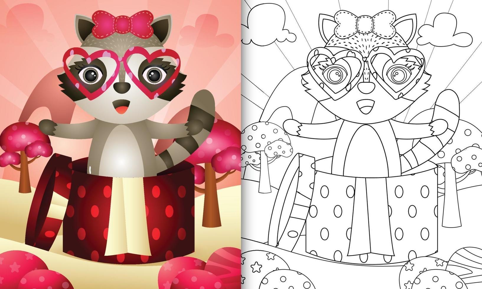 libro para colorear para niños con un lindo mapache en la caja de regalo para el día de san valentín vector