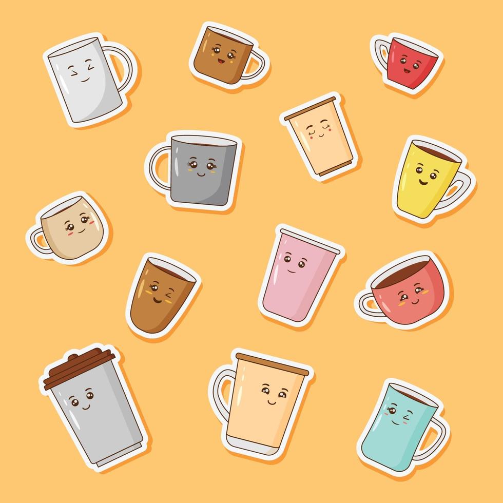 Set of cute coffee cup stickers vector