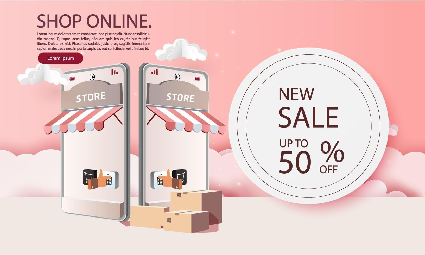 Compras de arte en papel en línea en banner de fondo de promoción de venta de teléfonos inteligentes para el mercado de comercio electrónico. vector