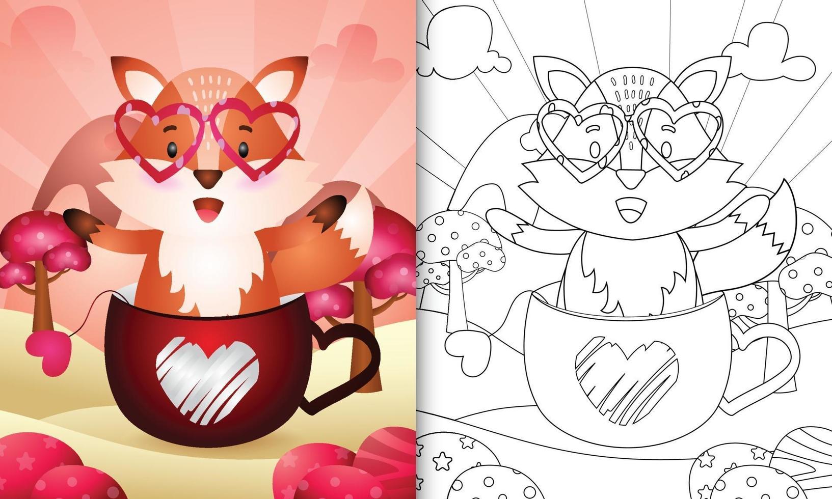 libro para colorear para niños con un lindo zorro en la taza para el día de san valentín vector