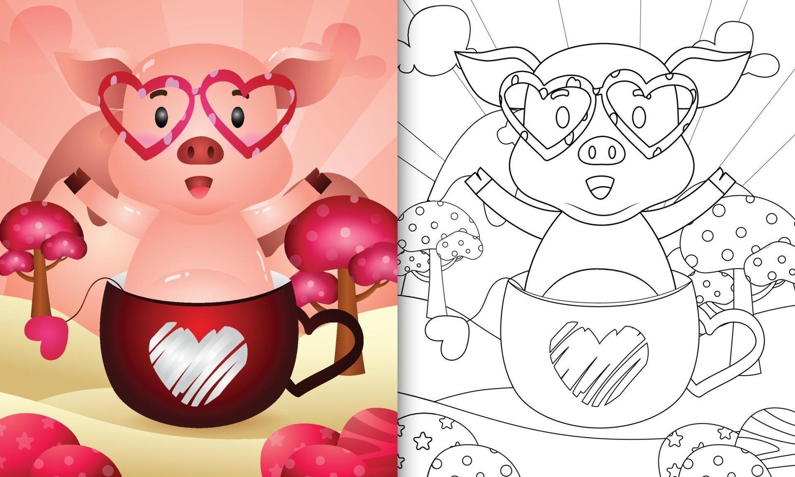 libro para colorear para niños con un lindo cerdo en la taza para el día de san valentín vector