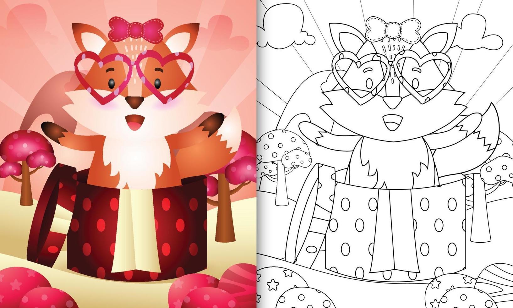 coloring book for kids with a cute fox in the gift box for valentine's day vector