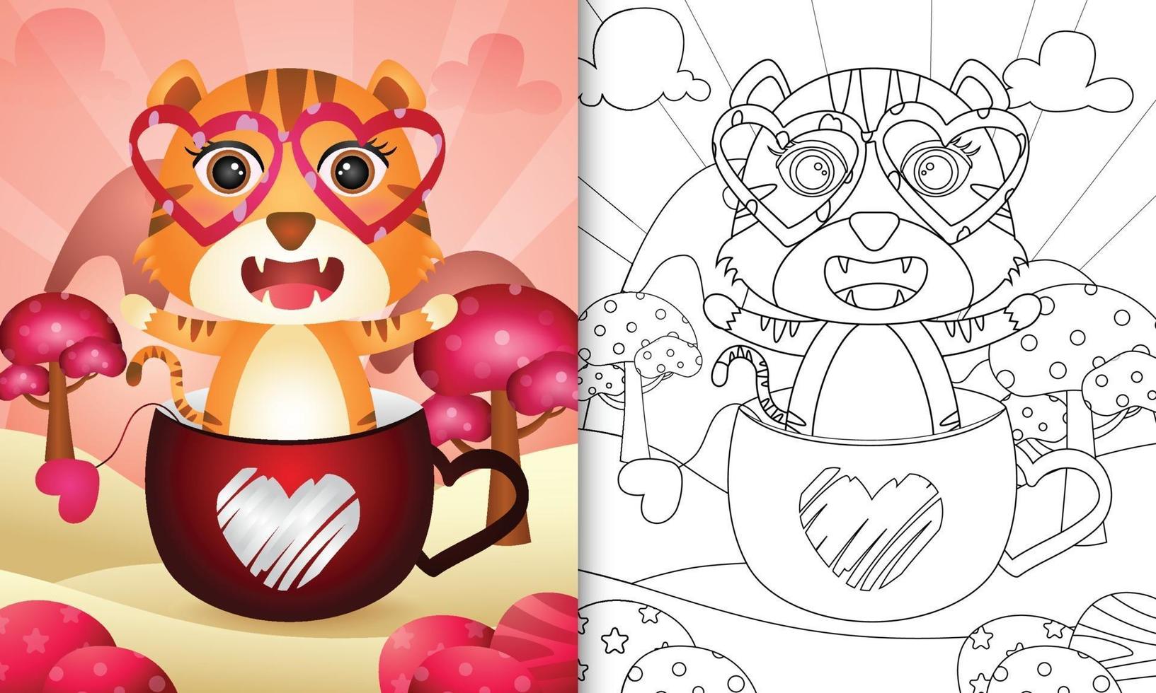 libro para colorear para niños con un lindo tigre en la taza para el día de san valentín vector