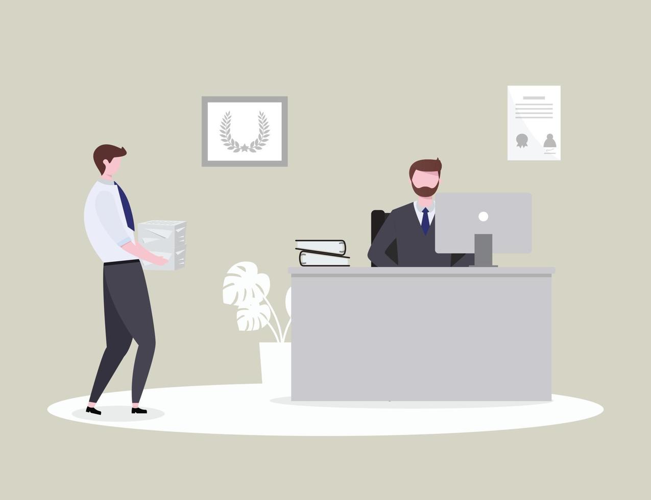 empleados que envían trabajos al jefe en la oficina, estilo plano de ilustración vectorial. vector