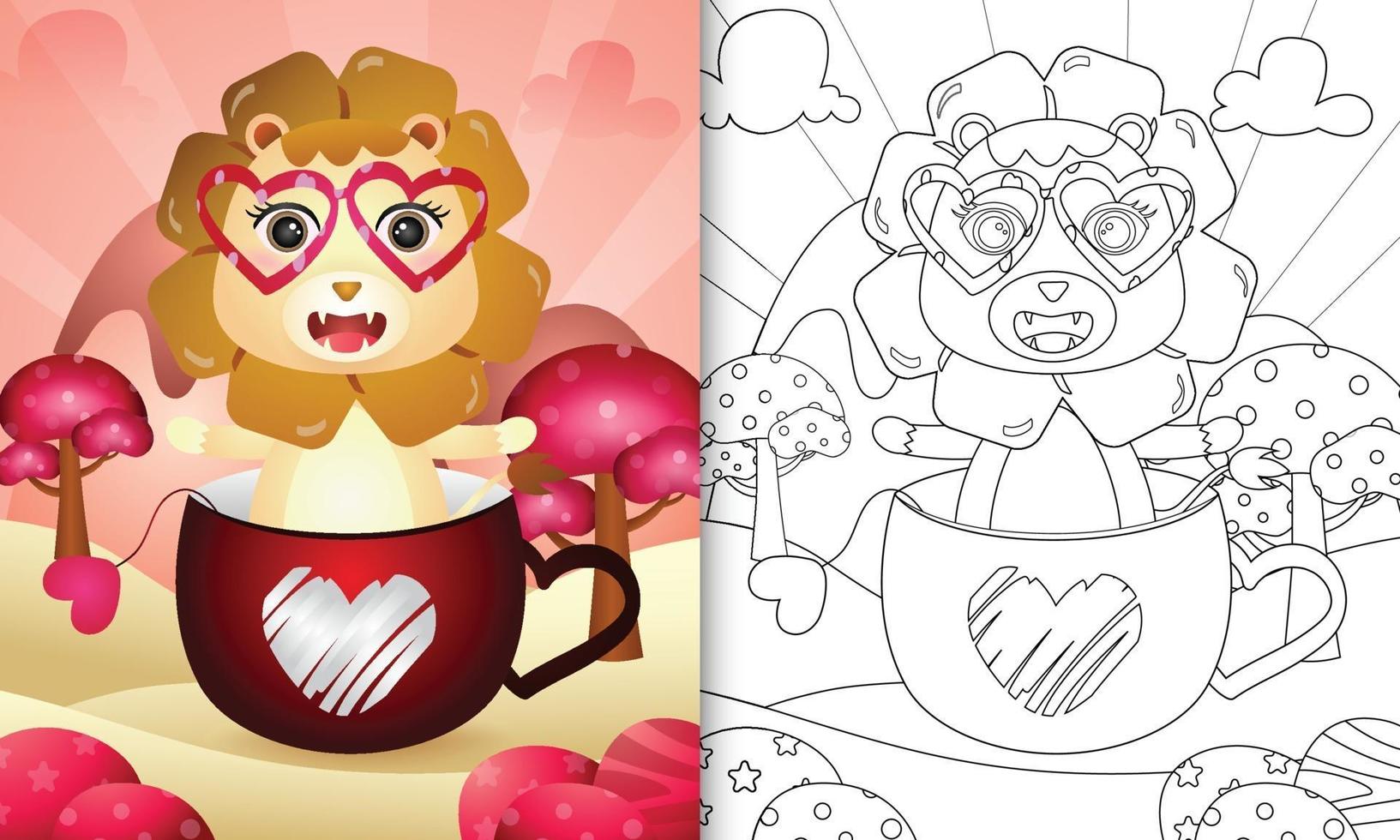 coloring book for kids with a cute lion in the cup for valentine's day vector