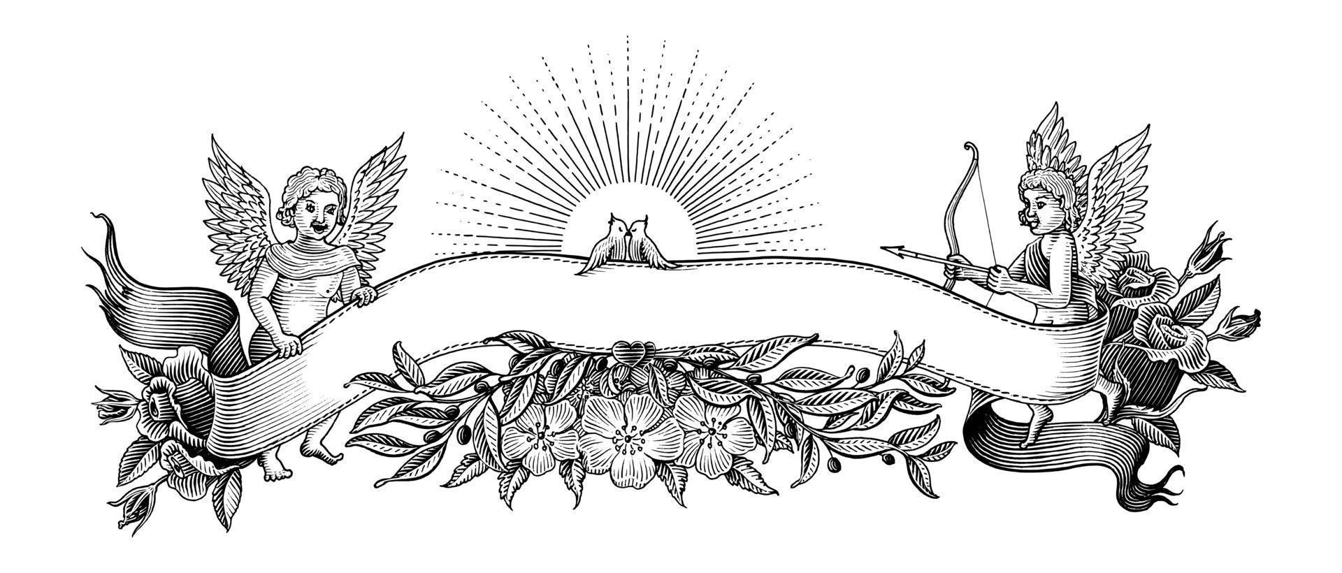 San Valentín banner y marco ilustración estilo vintage arte en blanco y negro aislado sobre fondo blanco vector