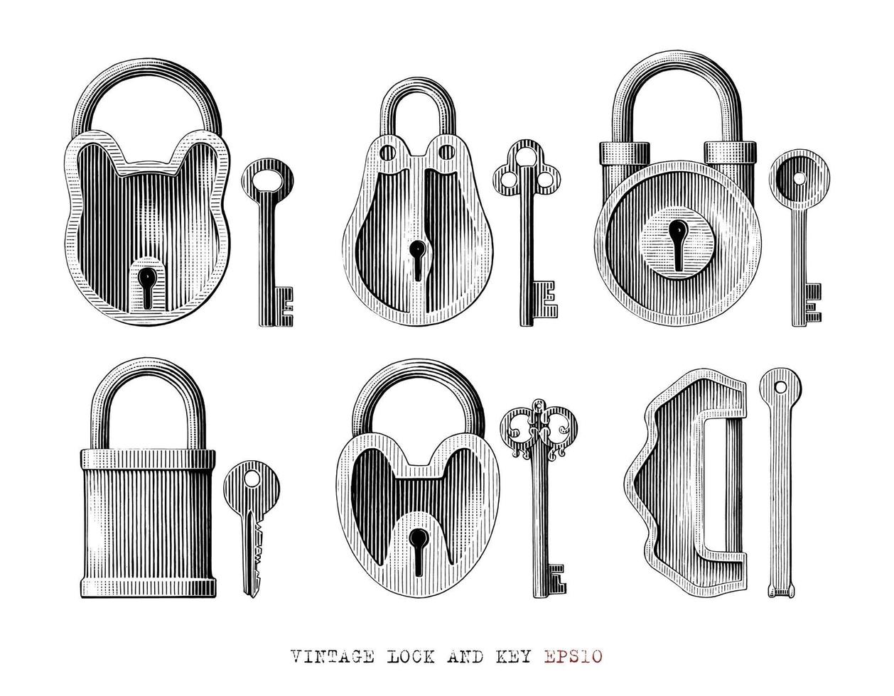 Vintage lock and key collection hand drawn engraving style black and white art isolated on white background vector